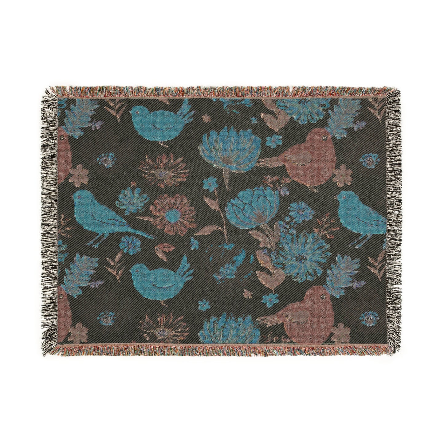 Bird & Floral Woven Blanket, Lightweight Cozy Decor, Beige Black Handmade Gift, Soft Blanket, Home Accent, Bird Lover Gift, Floral