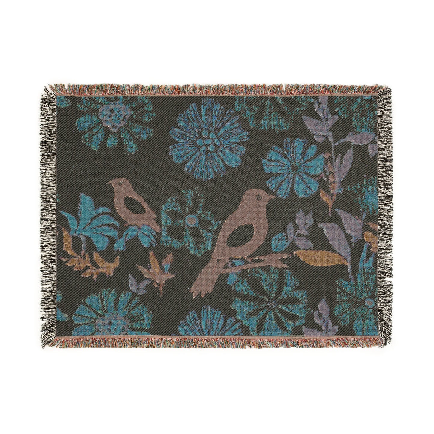 Spring Trendy Woven Blanket - Pastel Bird & Floral Throw, Lightweight Cozy Decor, Handmade Gift, Soft Beige Black Blanket