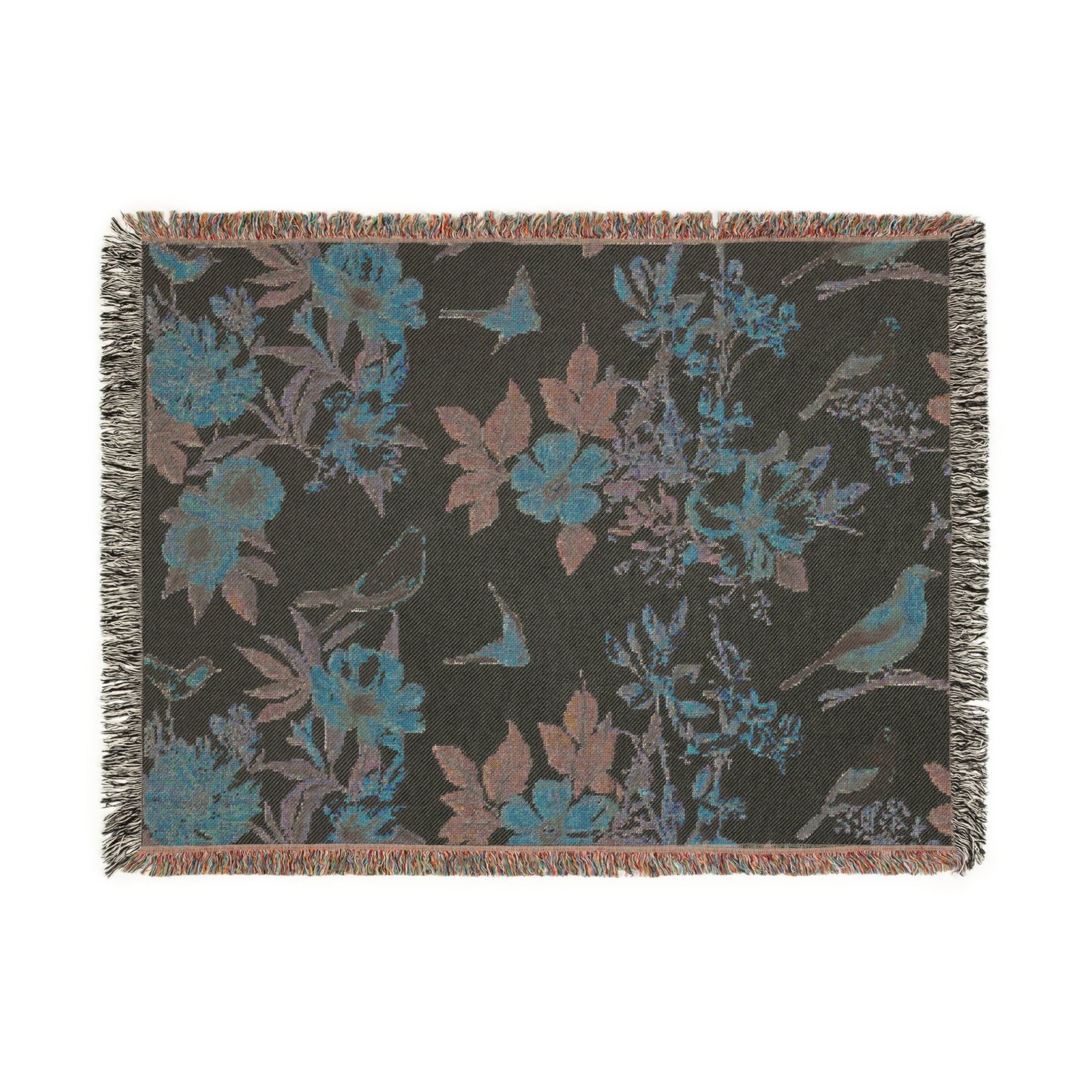 Woven Blanket - Bird & Floral Throw, Lightweight Cozy Decor, Beige Black Handmade Gift, Soft Blanket, Home Accent, Bird Lover Gift, Floral