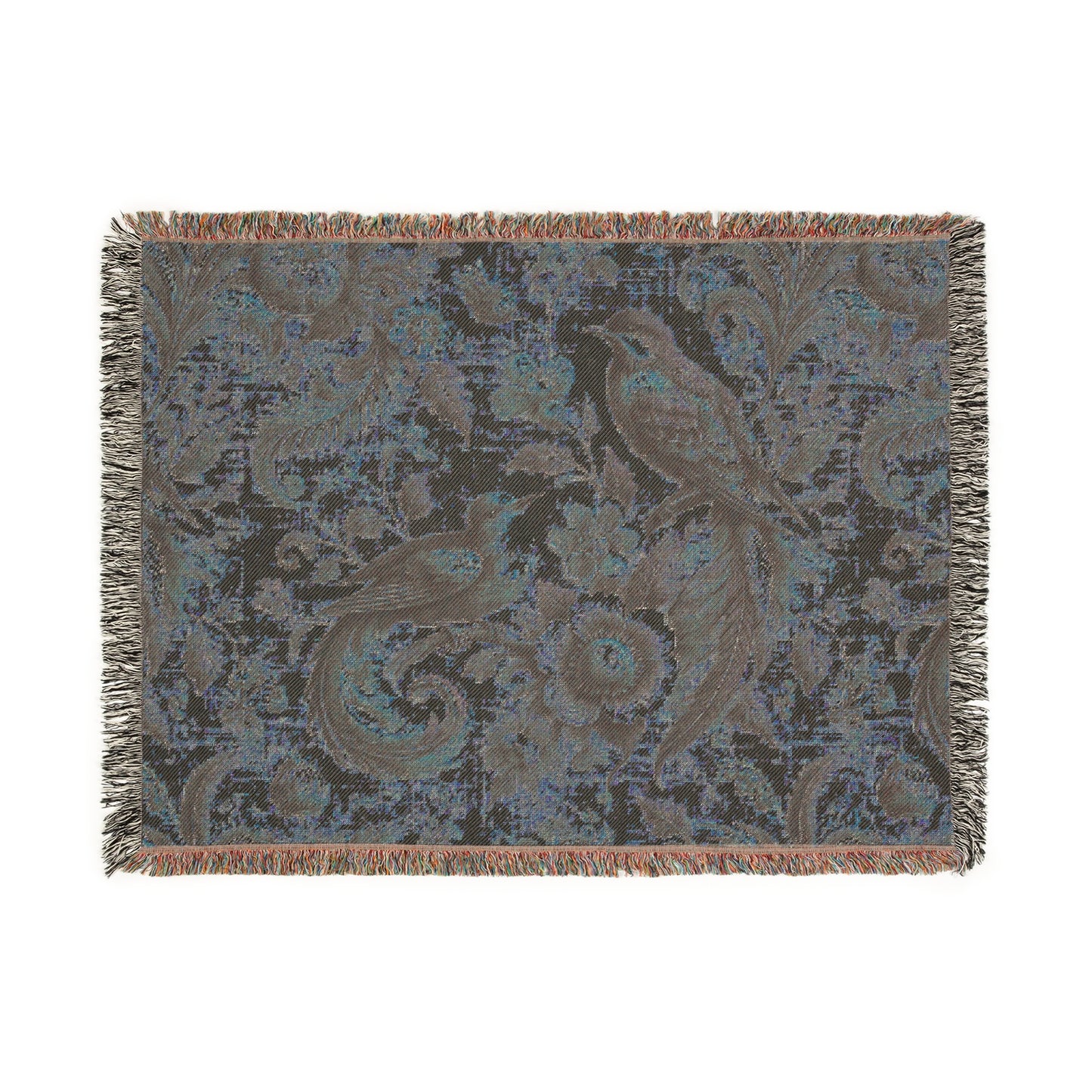 Bohemian Woven Blanket - Pastel Bird & Floral Throw, Lightweight Cozy Decor, Handmade Gift, Soft Beige Black Blanket