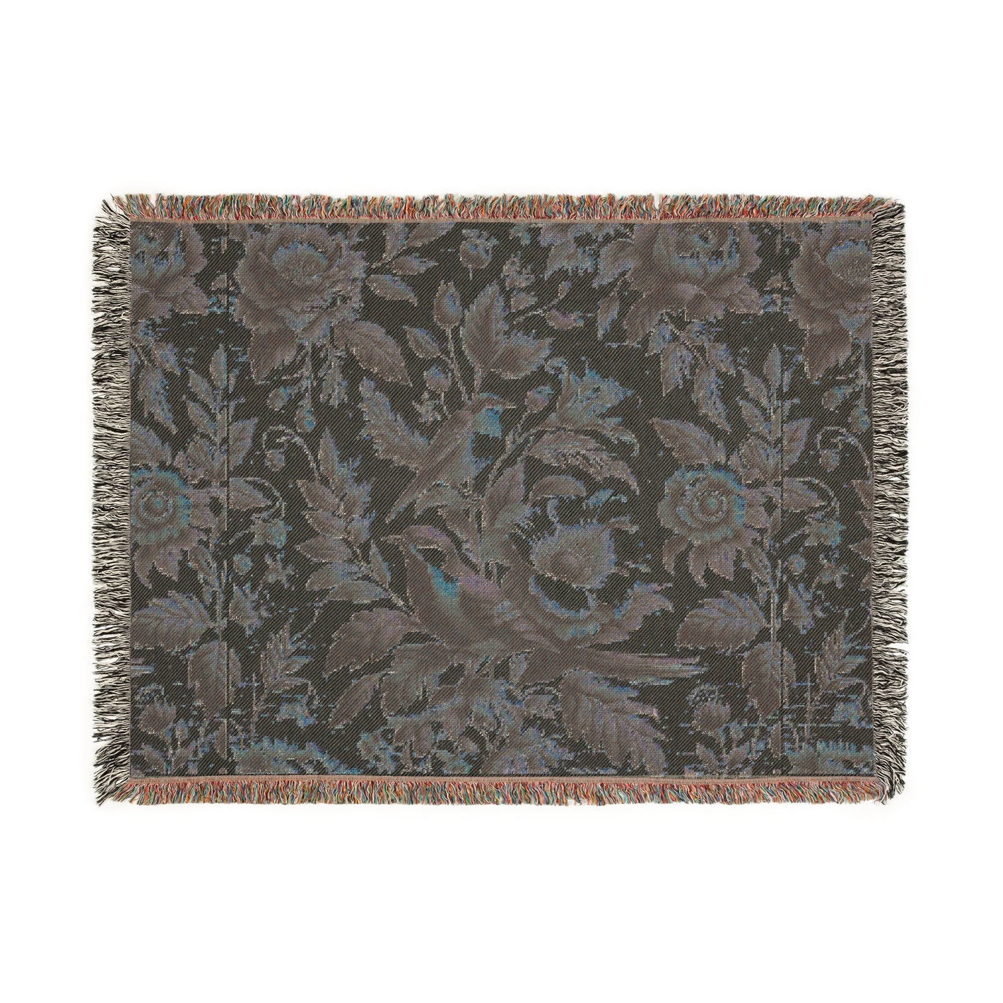 Woven Blanket - Pastel Bird & Floral Throw, Lightweight Cozy Decor, Handmade Gift, Soft Beige Black Blanket