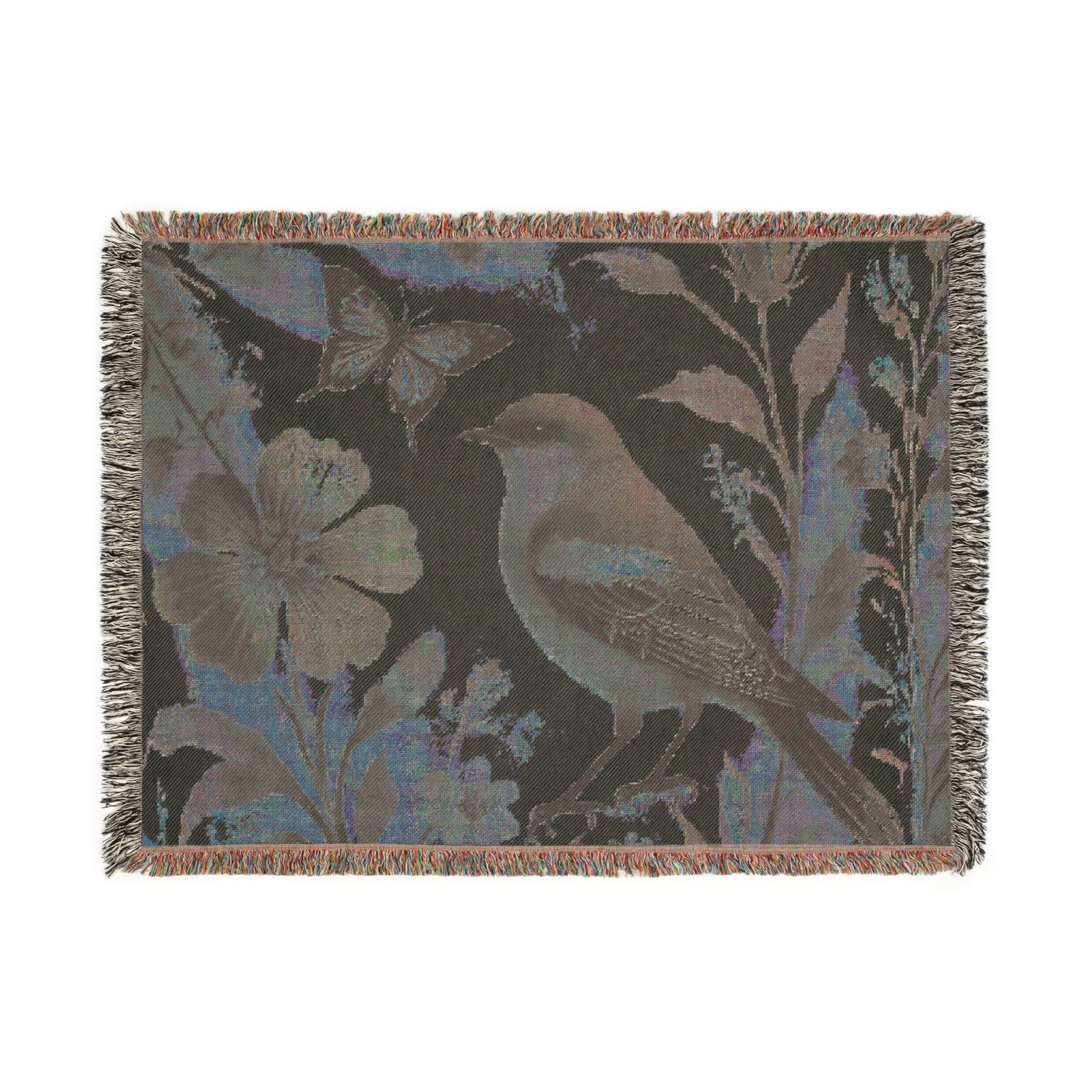 Bohemian Woven Blanket - Faded Pastel Bird & Floral Throw, Lightweight Cozy Decor, Handmade Gift, Soft Beige Black Blanket