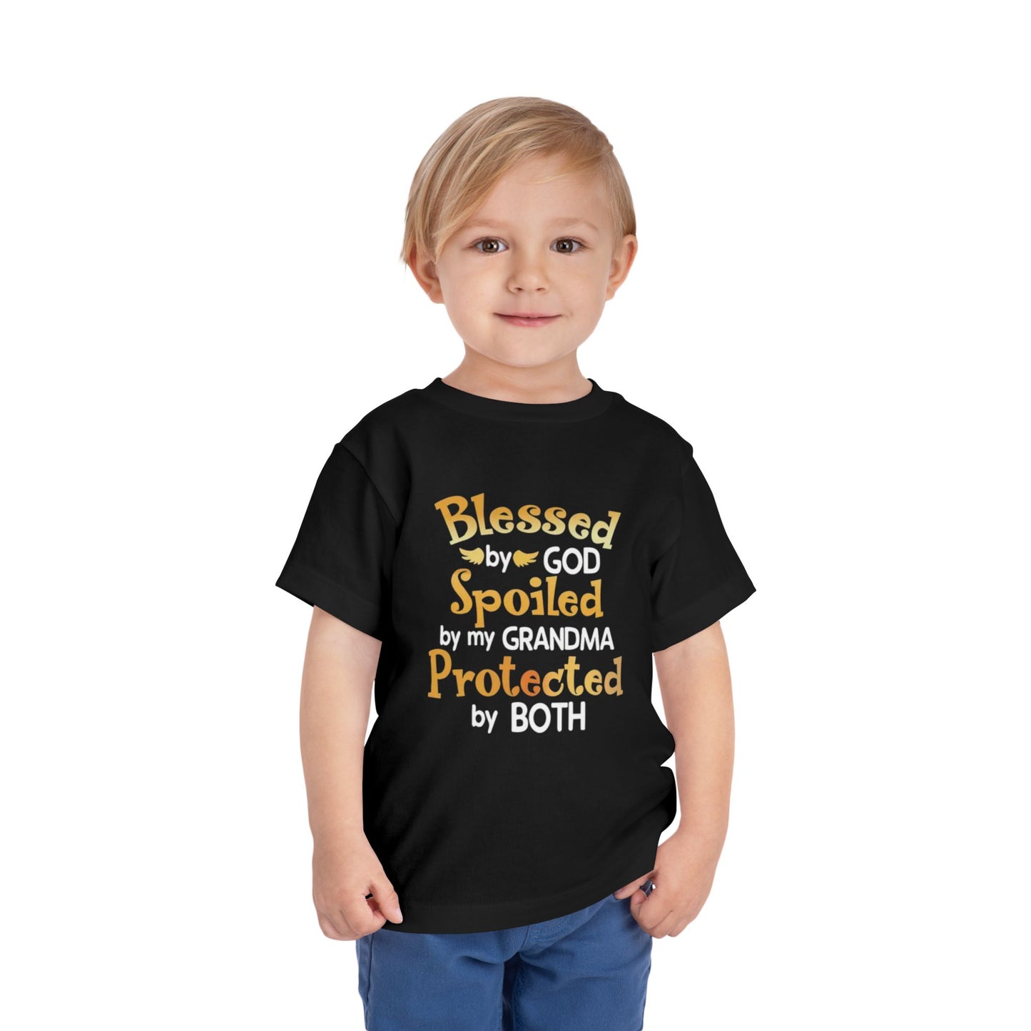 Blessed by God Spoiled by Grandma Protected by Both Toddler T Shirt Christian Baby Tee Grandparent Gift Kids Faith Shirt Cute & Funny Outfit