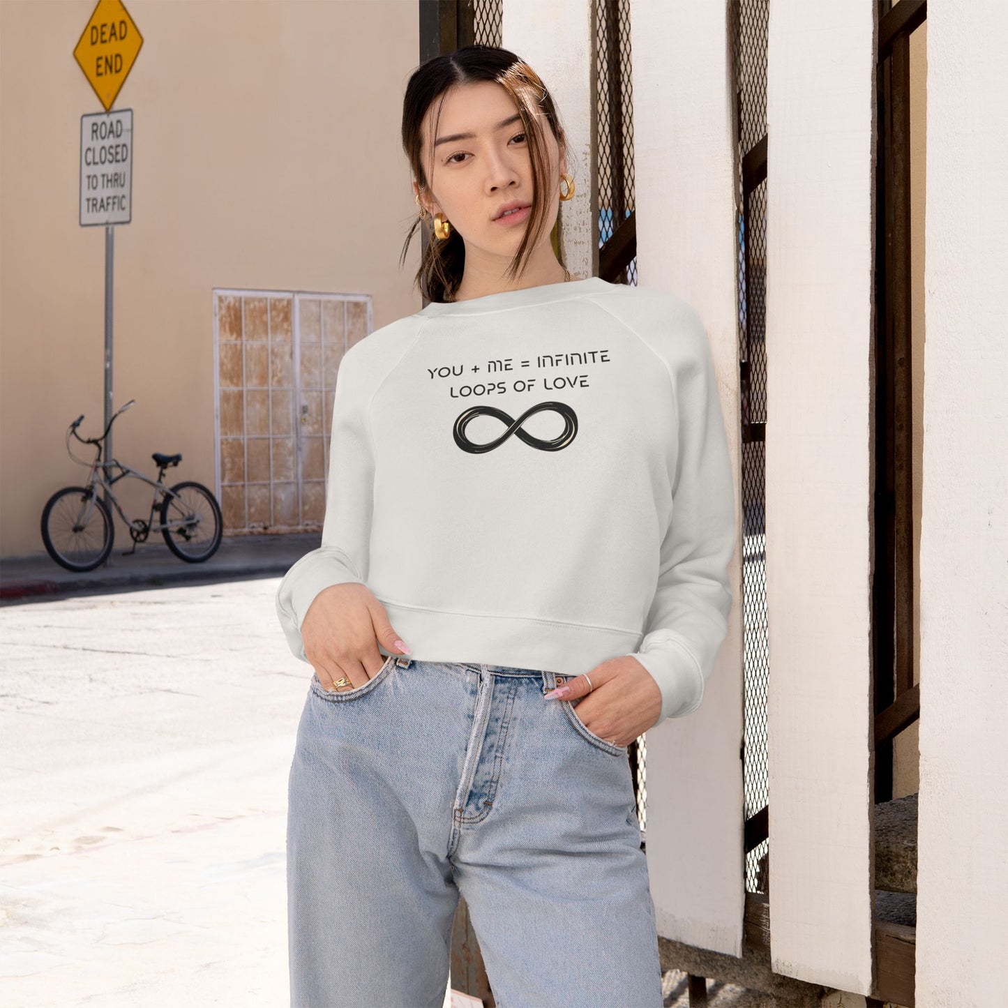 Cropped Sweatshirt 'You and Me equals Infinite Loops of Love' Women's Fleece Pullover, Trendy Quote Sweater, Cozy Jumper, Gift for Her
