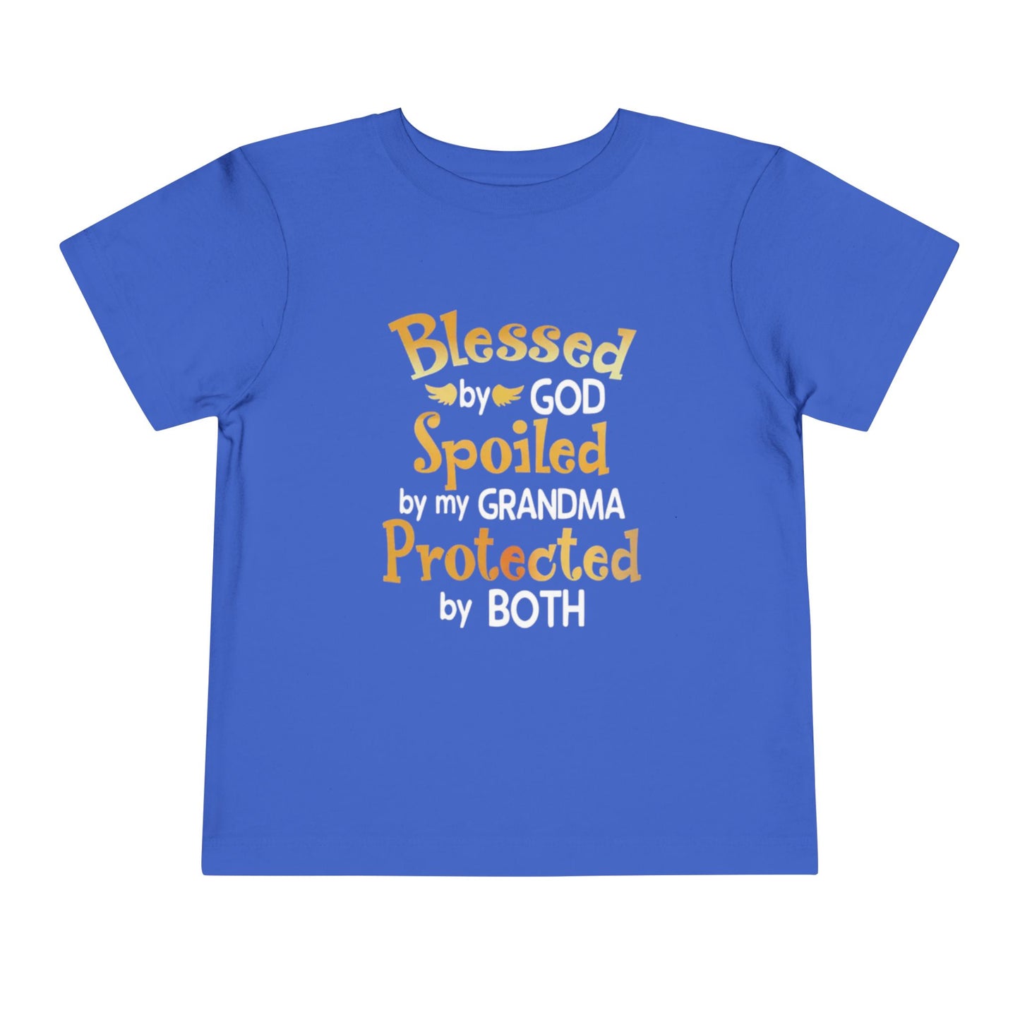 Blessed by God Spoiled by Grandma Protected by Both Toddler T Shirt Christian Baby Tee Grandparent Gift Kids Faith Shirt Cute & Funny Outfit