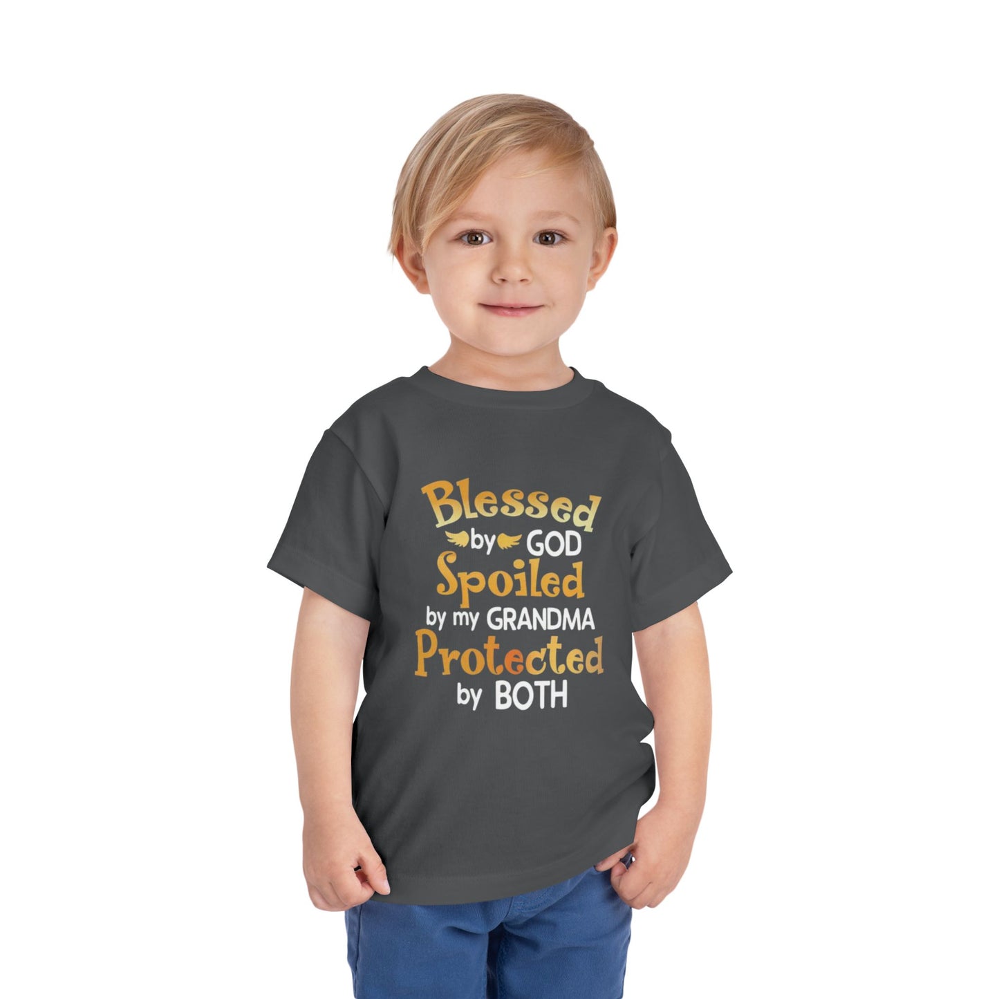 Blessed by God Spoiled by Grandma Protected by Both Toddler T Shirt Christian Baby Tee Grandparent Gift Kids Faith Shirt Cute & Funny Outfit