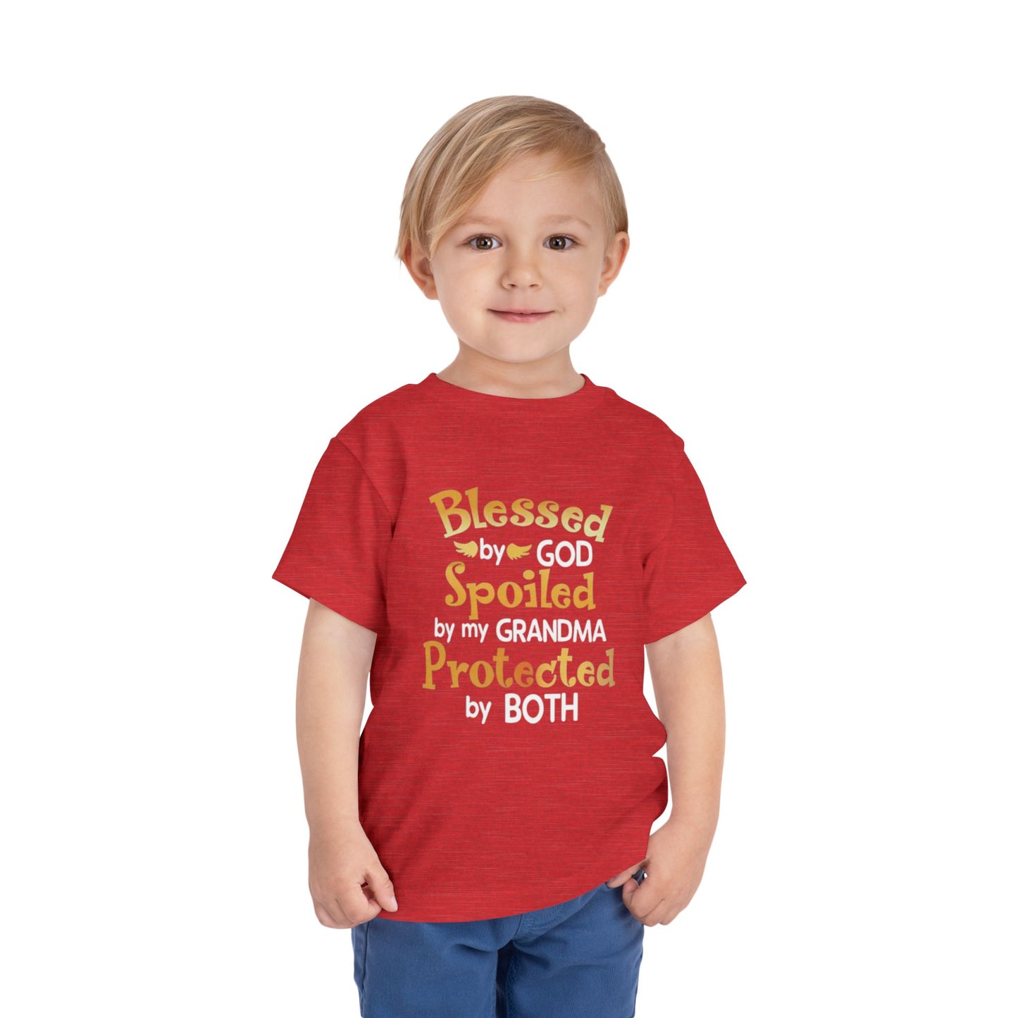 Blessed by God Spoiled by Grandma Protected by Both Toddler T Shirt Christian Baby Tee Grandparent Gift Kids Faith Shirt Cute & Funny Outfit