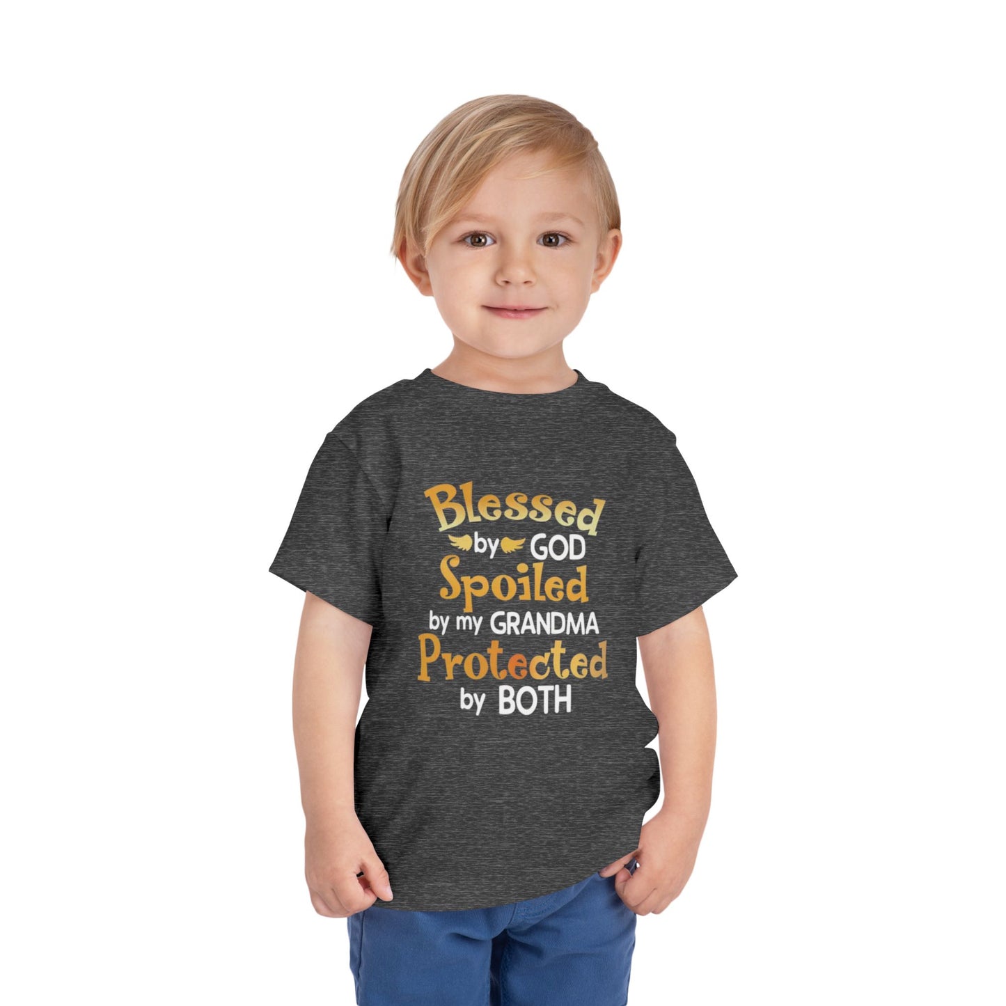 Blessed by God Spoiled by Grandma Protected by Both Toddler T Shirt Christian Baby Tee Grandparent Gift Kids Faith Shirt Cute & Funny Outfit