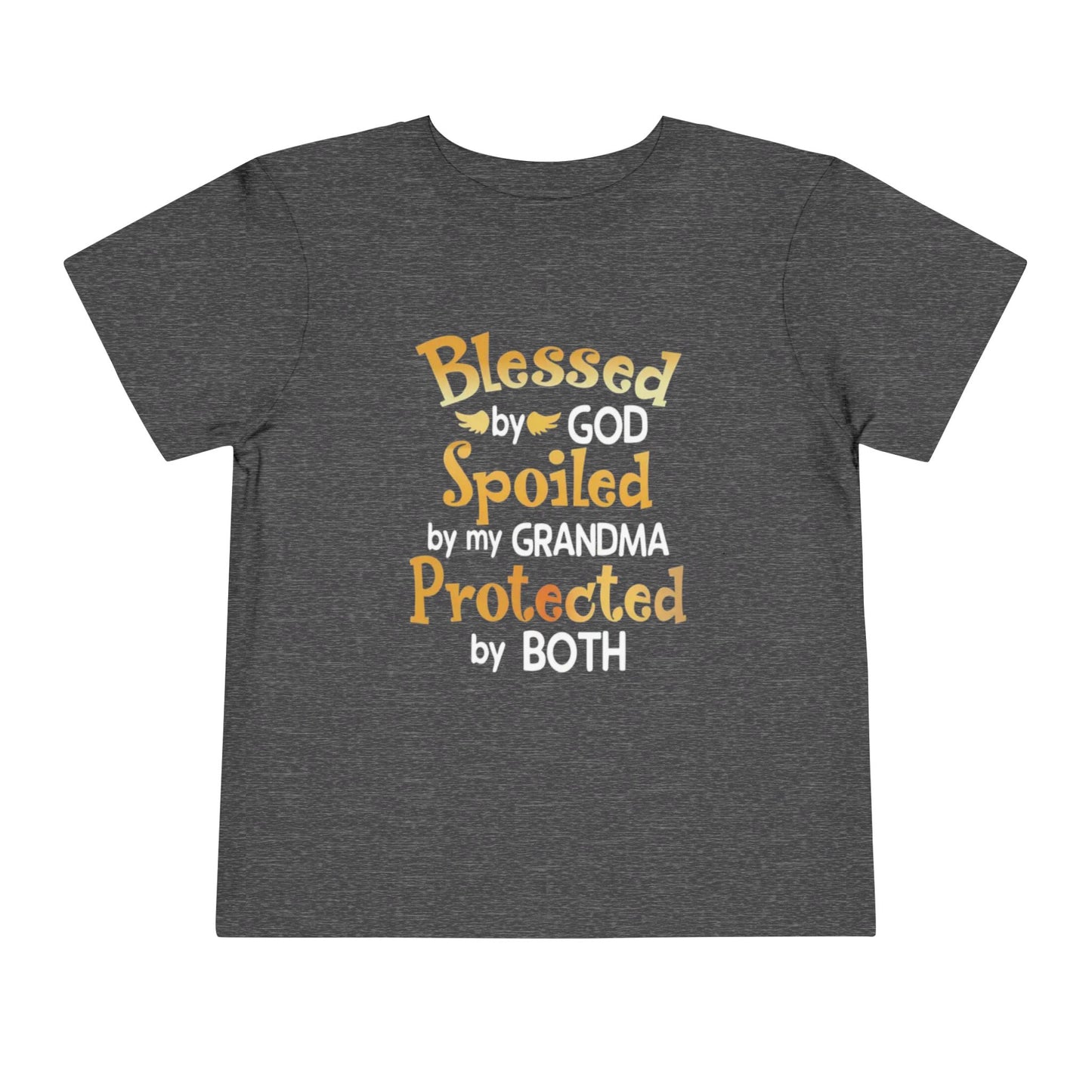 Blessed by God Spoiled by Grandma Protected by Both Toddler T Shirt Christian Baby Tee Grandparent Gift Kids Faith Shirt Cute & Funny Outfit
