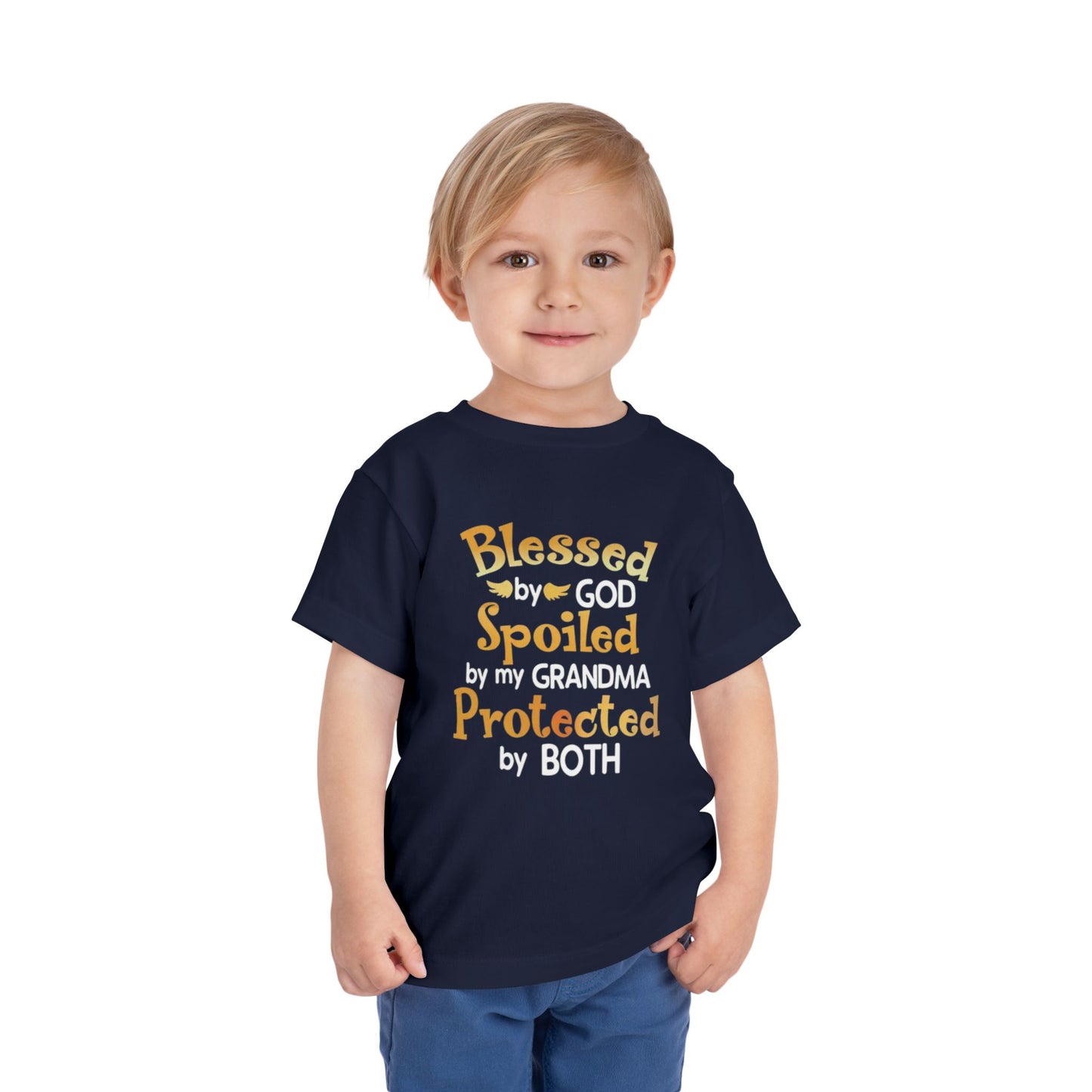 Blessed by God Spoiled by Grandma Protected by Both Toddler T Shirt Christian Baby Tee Grandparent Gift Kids Faith Shirt Cute & Funny Outfit