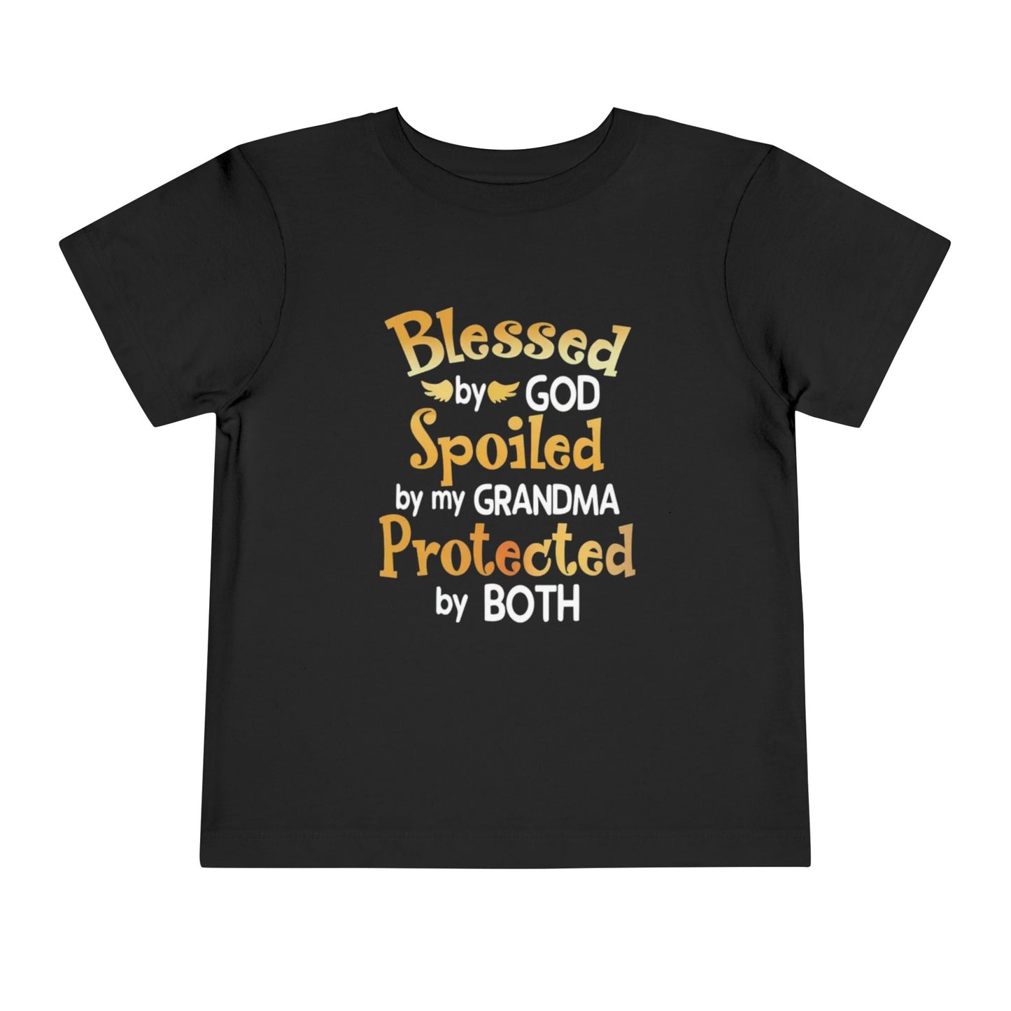 Blessed by God Spoiled by Grandma Protected by Both Toddler T Shirt Christian Baby Tee Grandparent Gift Kids Faith Shirt Cute & Funny Outfit