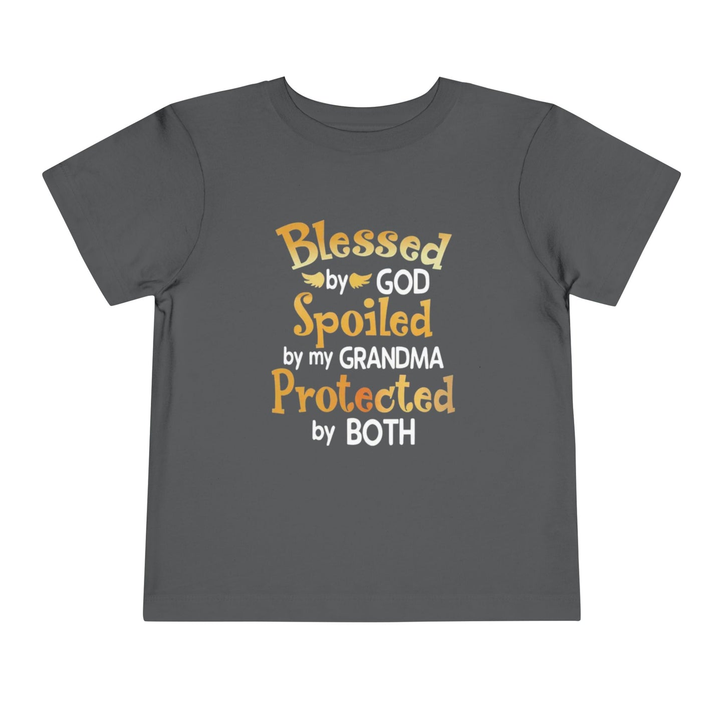 Blessed by God Spoiled by Grandma Protected by Both Toddler T Shirt Christian Baby Tee Grandparent Gift Kids Faith Shirt Cute & Funny Outfit