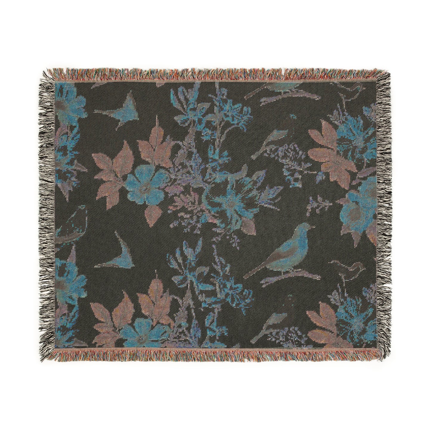 Woven Blanket - Bird & Floral Throw, Lightweight Cozy Decor, Beige Black Handmade Gift, Soft Blanket, Home Accent, Bird Lover Gift, Floral