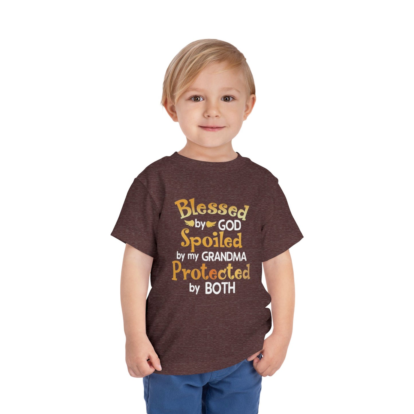 Blessed by God Spoiled by Grandma Protected by Both Toddler T Shirt Christian Baby Tee Grandparent Gift Kids Faith Shirt Cute & Funny Outfit