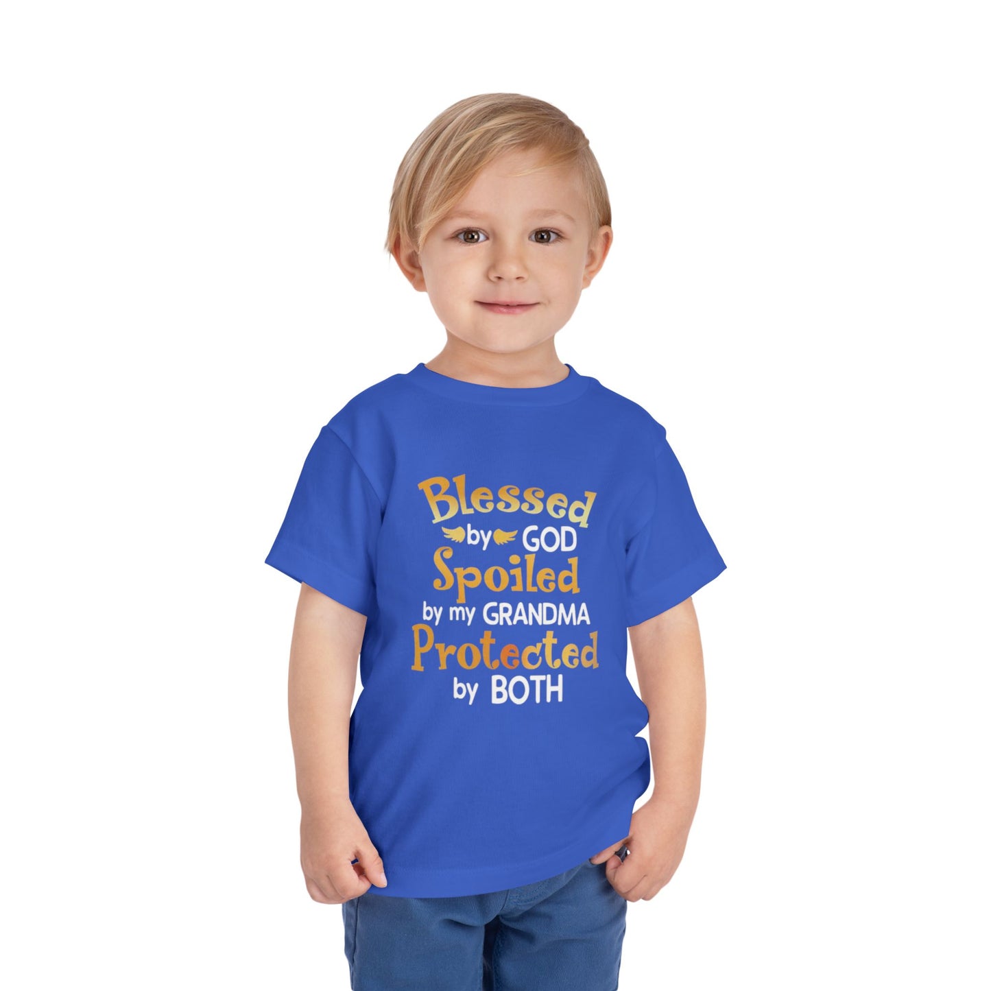 Blessed by God Spoiled by Grandma Protected by Both Toddler T Shirt Christian Baby Tee Grandparent Gift Kids Faith Shirt Cute & Funny Outfit