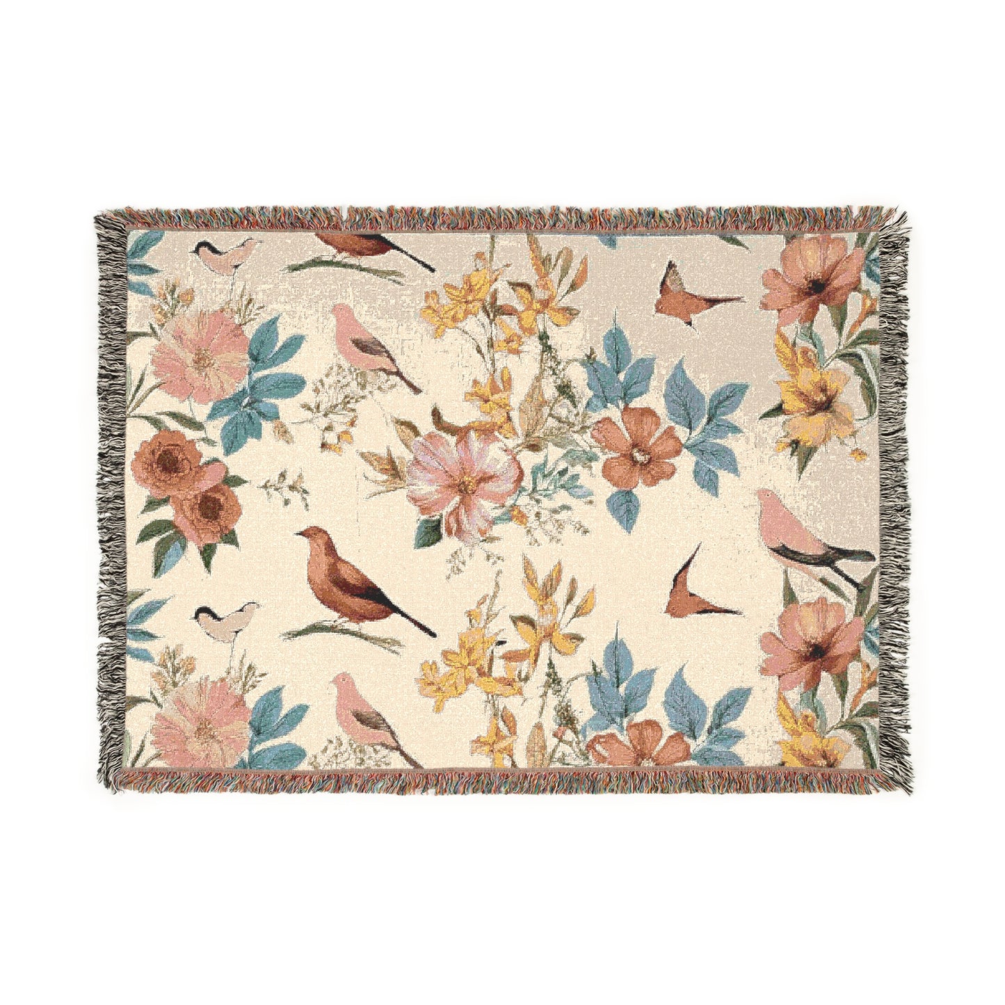 Woven Blanket - Bird & Floral Throw, Lightweight Cozy Decor, Beige Black Handmade Gift, Soft Blanket, Home Accent, Bird Lover Gift, Floral
