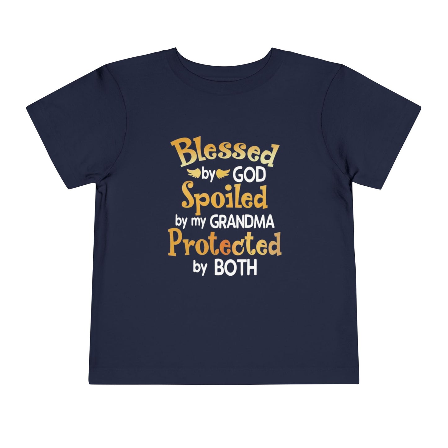 Blessed by God Spoiled by Grandma Protected by Both Toddler T Shirt Christian Baby Tee Grandparent Gift Kids Faith Shirt Cute & Funny Outfit