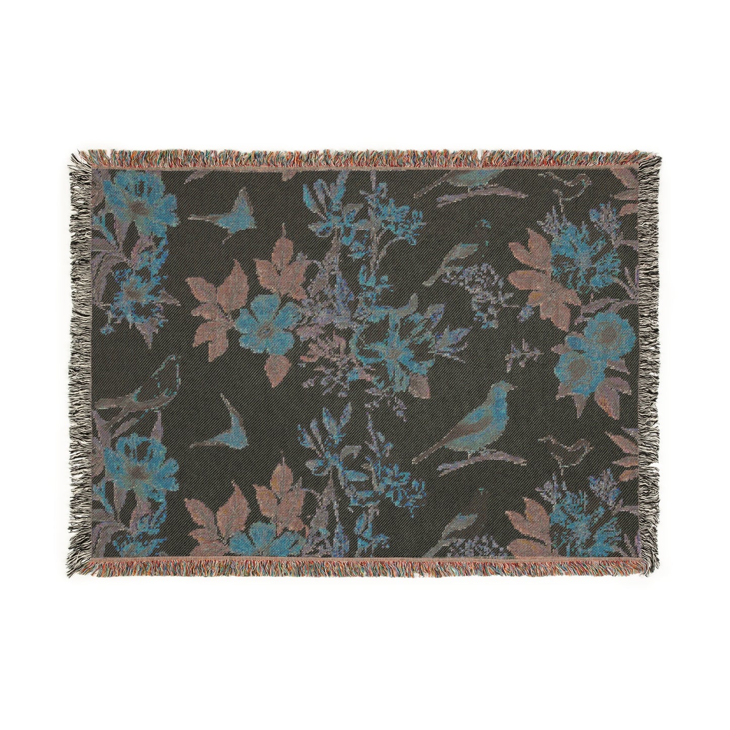 Woven Blanket - Bird & Floral Throw, Lightweight Cozy Decor, Beige Black Handmade Gift, Soft Blanket, Home Accent, Bird Lover Gift, Floral